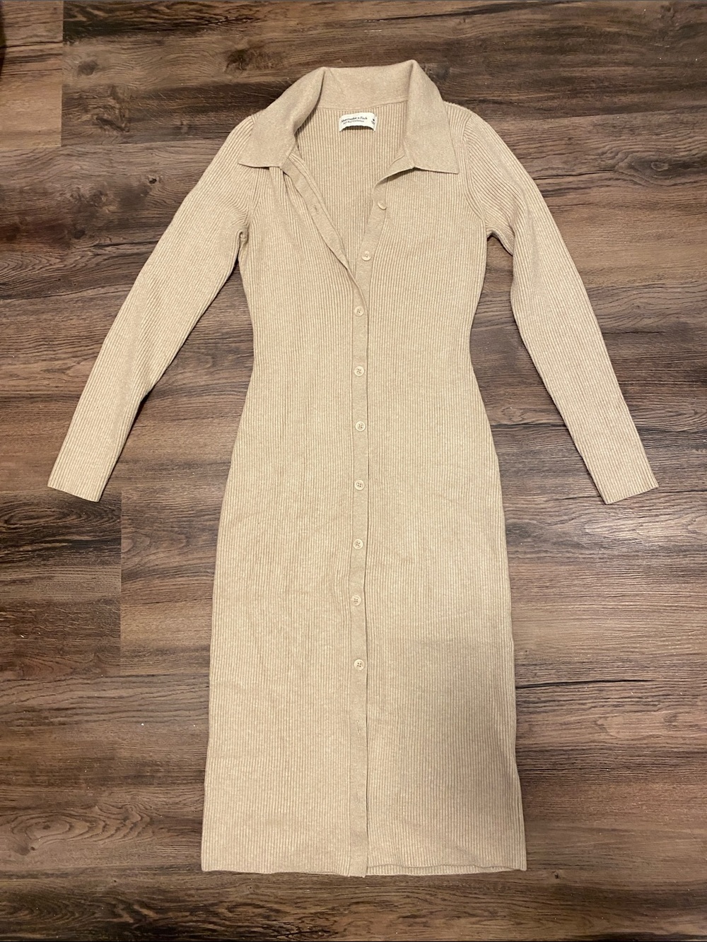 Abercrombie & Fitch Beige Ribbed Button-Down Midi Dress